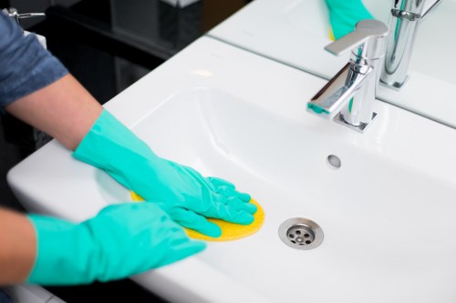Cleaner following hygiene and safety standards during service